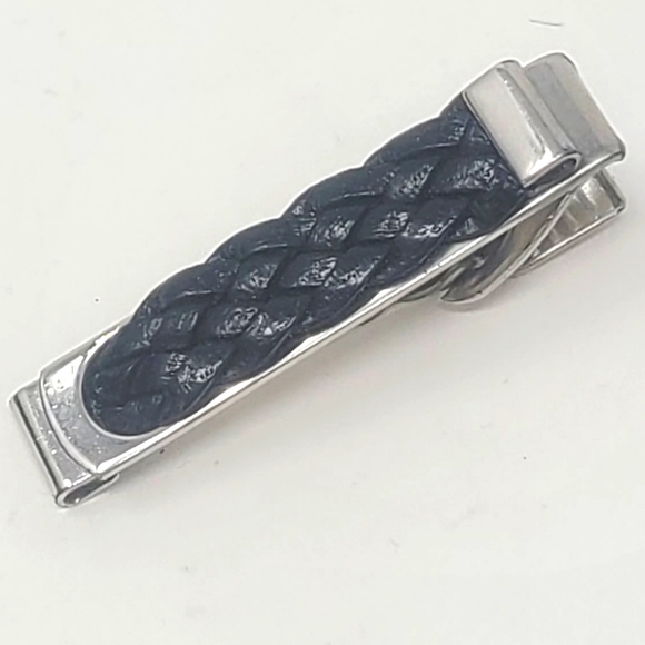 Vintage silver tone metal black leather accent tie clip clasp men accessories - Picture 2 of 4